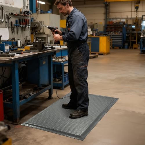 Anti Fatigue Mats Industrial 2' x 7' 15/16" Extra Thick Ergonomic Standing Mat Commercial Heavy Duty Diamond Plate Shop Floor Mat Helps Relieve Back and Leg Soreness, Grey - size: 2' x 7'