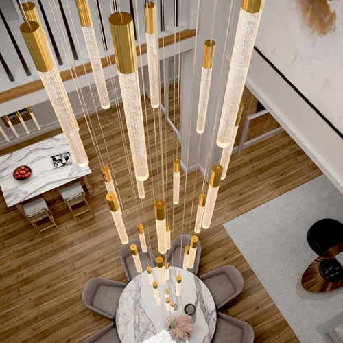 30-Light High Ceiling Chandeliers Large Crystal Column Chandelier Long Spiral LED Dimmable Chandeliers for Foyer Living Room Staircaes Entrance Gold D28in x H177in - color: Gold, size: 30-Light