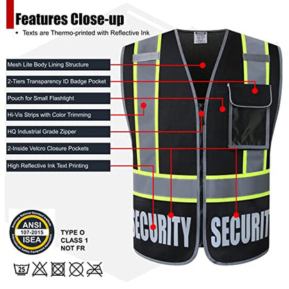 2 Pack Retro-Reflection Security Safety Vests Heavy Duty Black Mesh with 5 Pockets and Front Zipper (2/Black-22,M) - color: Black-2, size: Medium