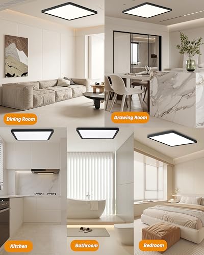 Square Led Flush Mount Ceiling Light,20 Inch 40w 4520lm led Light 3000k,4000k,6000k CCT Selectable,Flat Panel Super Slim Led Ceiling Light Fixture,for Living Dining Kitchen Bedroom Room (1Pack-Black) - color: Black, size: 20 Inch 1PK Square 3CCT