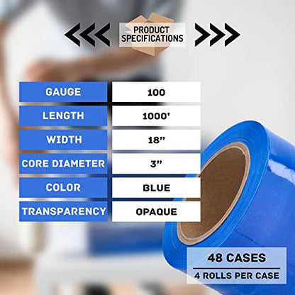 PSBM Dark Blue Stretch Wrap, 192 Rolls 18 Inch x 1000 Feet 100 Gauge, Heavy Duty Plastic Wrap Industrial Strength Shrink Film for Moving, Packing & Shipping - color: Blue, size: 192 Rolls