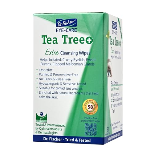 Dr. Fischer Tea Tree Oil Eye Wipes - Eyelid Wipes for Sensitive Eyes with Hyaluronic Acid and Chamomile, Makeup Remover, Daily Cleanser (30 wipes) - size: 30 Count (Pack of 1)