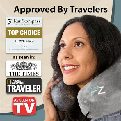 FLOWZOOM Air Inflatable Neck Pillow for Traveling on Plane - H-Shape Hooded Travel Pillow with 5 Snooze Modes, Fast Inflation, Pressure Control, Cozy Clip-On Hood & Plushy Cover - Size L, Silver Gray - color: Silver Gray