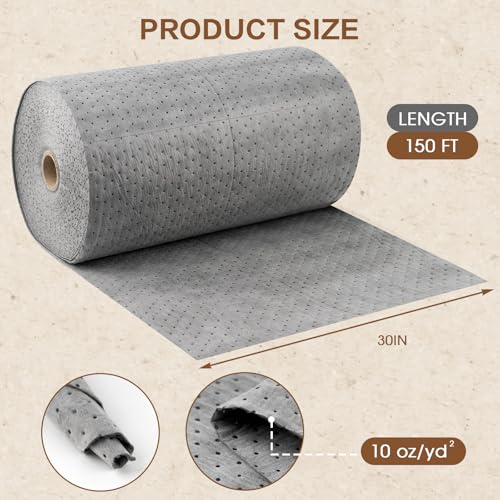 Oil Absorbent Mat Roll, 10 oz Oil Absorbent Pads 30" x 150' 1 Roll - color: Gray-1 Roll, size: 30" W x 150' L, 10 OZ