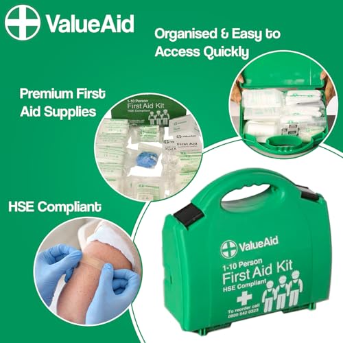 Value Aid HSE Compliant First Aid Kit for Workplace, Home & Car - CE Marked Contents, Double-Clasp Case with Handle - Complete Set for 1-10 People Includes Plasters, Bandages & Medical Supplies - style: 1-10 Person First Aid Kit