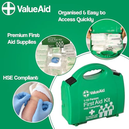 Value Aid HSE Compliant First Aid Kit for Workplace, Home & Car - CE Marked Contents, Double-Clasp Case with Handle - Complete Set for 1-10 People Includes Plasters, Bandages & Medical Supplies - style: 1-10 Person First Aid Kit
