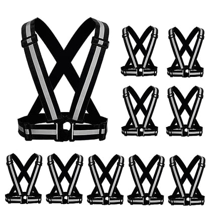 Reflective Strap Safety Vest Gear - 2-10 Pack Adjustable High Visible Reflective Running Gear for Women Men Night - color: Black x10