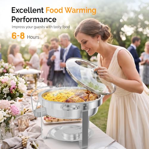 ROVSUN 5 Qt 4 Pack Chafing Dishes for Buffet, Stainless Steel Round Chafers for Catering, Buffet Servers and Warmers Set with Glass Lid & Lid Holder, Stackable Design for Wedding Party Event - size: 4 Pack