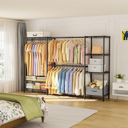 Golpart Heavy Duty Clothing Rack with Adjustable Shelves Clothes Wardrobe - color: Black, size: 15"DX(70-87)"WX74.5"H