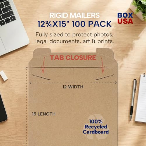 BOX USA Rigid Mailers 12" x 15" (100-Pack) - Kraft Mailer Envelopes for Photos, Documents, Artwork - Stay Flat - size: 12" x 15" (100-Pack)
