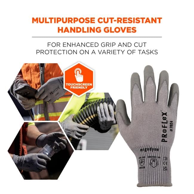 Ergodyne ProFlex 7024 Cut Resistant Work Gloves, ANSI A2, PU Coated Palms for Flexible No Slip Grip, Abrasion Resistant, 13g, Touchscreen Capable, Gray, Large - size: Large