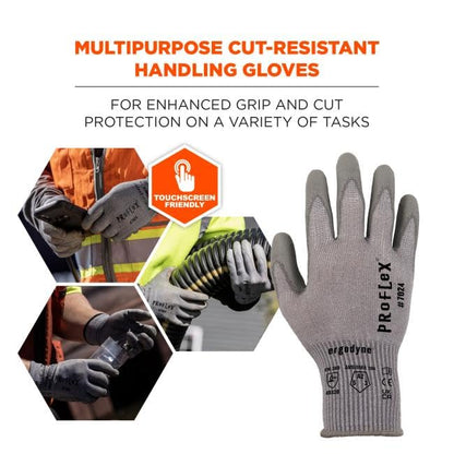 Ergodyne ProFlex 7024 Cut Resistant Work Gloves, ANSI A2, PU Coated Palms for Flexible No Slip Grip, Abrasion Resistant, 13g, Touchscreen Capable, Gray, Large - size: Large