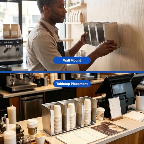 Stainless Steel Cup Dispenser, Cup and Lid Holder with Adjustable Dividers