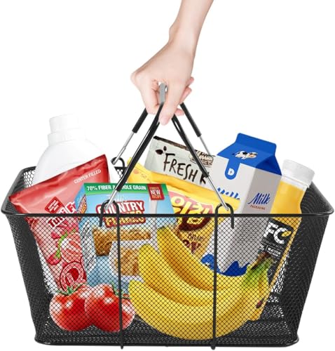 12PCS Shopping Basket Blue Portable 17''×12''×9'' Plastic Shopping Basket Set with Handles Handheld Basket Cart for Supermarket Grocery Retail Store Supplies (Black) - color: Black