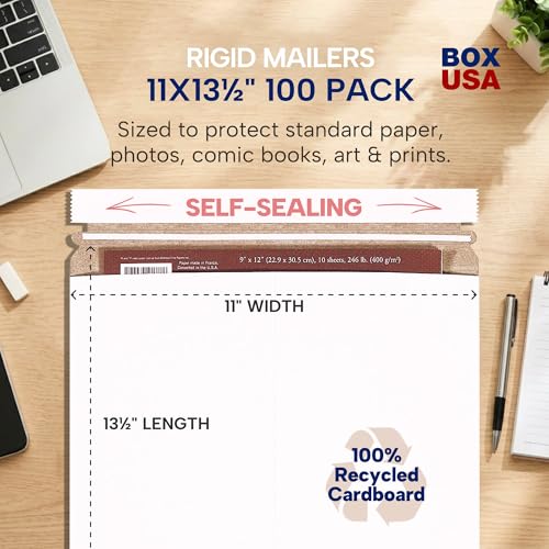 BOX USA Rigid Mailers 11" x 13" (100-Pack) - Cardboard Mailer Envelopes for Photos, Catalogs, Art Prints - Stay Flat - size: 11" x 13" (100-Pack)
