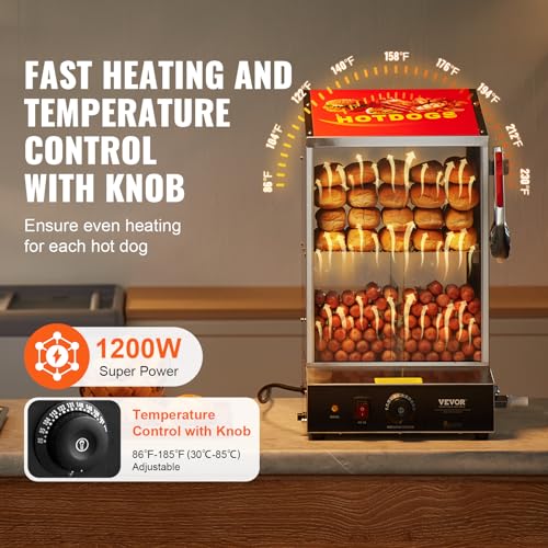 VEVOR Hot Dog Machine, 36 L, 2-Tier Hot Dog Steamer for 200 Hotdogs & 42 Buns, 1200W Electric Bun Warmer Cooker with Rotary Knob Temp Display - size: 2-Tier-38Qt