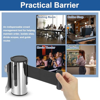 MECCANIXITY Wall Mount Retractable Belt Barrier 6.56ft Crowd Control Belts - color: Silver/Black, size: 6.56 ft