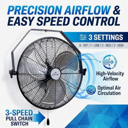 iLiving 18 Inch Wall Mount Fan, 4550 CFM High Velocity Metal Fan with 3 Speeds, Sealed Motor & 360° Tilt, Heavy Duty Wall/Ceiling Mount Fan for Garage, Warehouse, Barn, Greenhouse, Workshop - size: 18 Inches