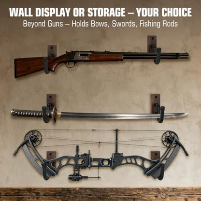 Walnut Gun Rack for Wall, Horizontal Rifle Wall Mount with Thick Rubber Coated Hooks, Heavy Duty Shotgun Holder for Display & Storage, Ideal Gun Shelf for Indoor Wall in Man Cave, Gun Room, Closet