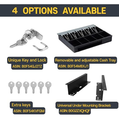 HK SYSTEMS BSM 16inch Cash Drawer for POS, No Logo, Black, DC 24V/Micro Switch, RJ12, 1slot, Removable and Adjustable cash tray 5-bill/5-coin Metal wire gripper, 6Keys #135, Stainless Steel front - size: 1. POS CASH DRAWER