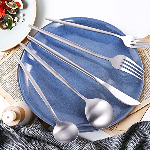 MIKIWAY 60-Piece Silverware Set for 12, Stainless Steel Flatware, Matte Cutlery Tableware, Kitchen Utensils Include Spoons and Forks, Satin Polished, Dishwasher Safe - color: Silver
