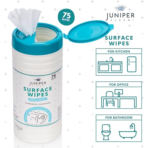 Juniper CLEAN 4 Pack Surface Cleaning Wipes Bleach Free, All-Purpose Cleaner for Bathroom, Kitchen, Office, 300 Count Canister, 7.5" x 7" Sheet, Fresh Scent, Lint Free & Durable - size: 75 Count (Pack of 4)