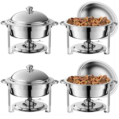 4 Pack 8QT Round Chafing Dish for Buffet Set with Lids, Silver - color: Silver-04