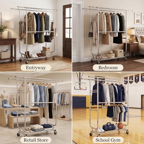 Heavy Duty Clothes Rack with Wheels, Garment Rack Load 660 LBS, Rolling Clothes Rack for Hanging Clothes, Height Adjustable& Scalable& Foldable, for home or commercial, 75"x 22"x 73", Silver - color: 4 Rods& Silver