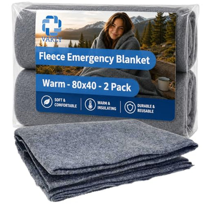 Vakly Emergency Throw Blanket 80 x 40 in (2 Pack) – Disposable Fleece Survival Blanket for Travel, Camping, Car Emergency Kit, Outdoor Use & Homeless Shelters, Gray