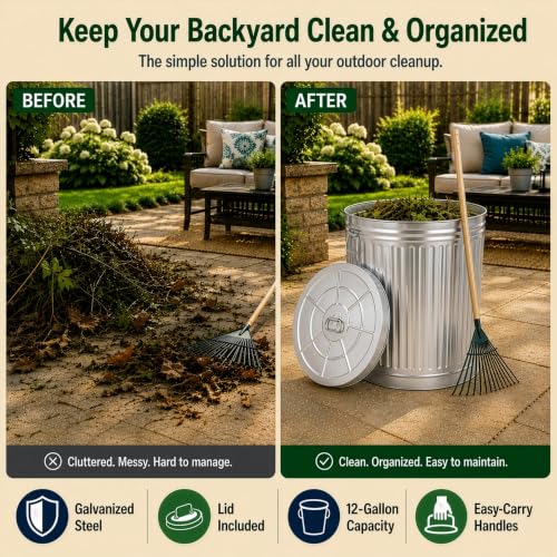Gardenised Round Galvanized Steel, 12 Gallon Trash Can with Lid - Durable Metal Bucket for Backyard, Lawn, Garden and Yard Use - Weather-Resistant Garbage Can for Indoor and Outdoor, 16-inch - size: 12 Gallons