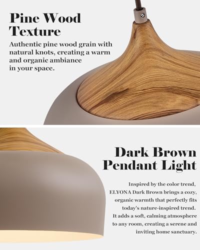 ELYONA 12" Japandi Pendant Light, Farmhouse Pendant Light Fixture with Faux Pine Wood Grain Metal Shade, Adjustable Hanging Light for Kitchen Island Dining Room Bedroom Sloped Ceiling, Caramel Brown - color: Caramel Brown