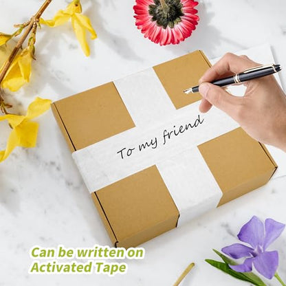 2 Rolls Reinforced Water Activated Tape,2" x150ft(50yds) Per Roll,White Gummed Kraft Paper Tape with Strong Fiberglass,Adhesive Surface is Sticky When Wet.Suit for Packing Boxes.