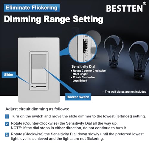BESTTEN 5 Pack Matte Silver Dimmer Light Switch, Single Pole or 3-Way - color: Matte Silver