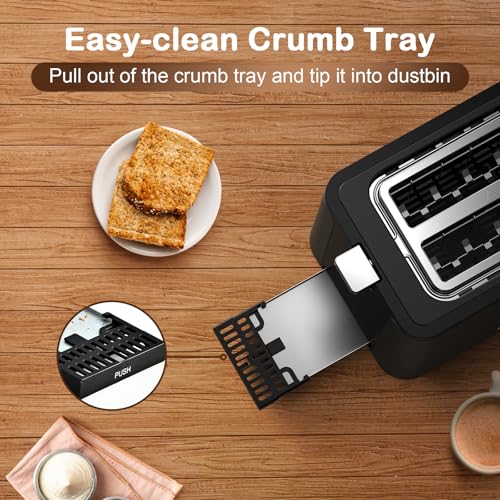 Mecity Toaster 2 Slice Stainless Steel Body, Timer, Bagel, Defrost, Reheat, Cancel Functions, Warming Rack, Removable Tray, 6 Browning Settings, Extra Wide Slots, Bread Toaster, 120V 800W Black - size: 2 Slots