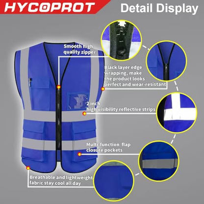 HYCOPROT High Visibility Safety Reflective Vest with Pockets and Zipper, Meets ANSI/ISEA Standards - color: Blue, size: 4X-Large