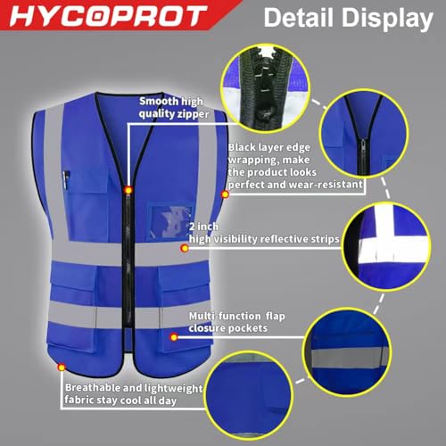 HYCOPROT High Visibility Safety Reflective Vest with Pockets and Zipper, Meets ANSI/ISEA Standards - color: Blue, size: 3X-Large