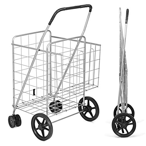 Goplus Jumbo Folding Shopping Cart with Rolling Swivel Wheels, Foldable Grocery Cart on Wheels with Double Basket, Heavy Duty Utility Cart, Shopping Carts for Groceries Laundry Book Luggage Travel - color: Silver, size: 24"D x 23"W x 40"H