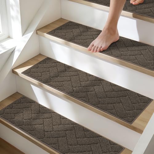 BEQHAUSE Non Slip Stair Treads for Wooden Steps 28" x 9", 15pcs, Brown - color: Brown - Geometric, size: 28 in X 9 in (15 Pieces)