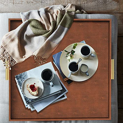 HofferRuffer Extra Large Square Serving Tray, Elegant Faux Leather Ottoman Tray with Gold Hardware Handles, Serve Tea, Coffee or Breakfast in Bed, 24 x 24 inches (Brown Shagreen) - color: Brown Shagreen, size: 24" x 24" x 2"