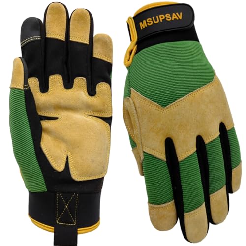 Cowhide Work Gloves, Mechanic Glove Men, Medium, Green+Yellow - color: Green+yellow, size: Medium