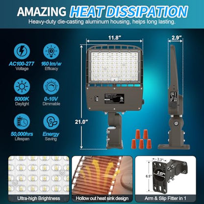 AKK 240W LED Parking Lot Light 220W 200W Selectable, 38400LM (160LM/W) LED Shoebox Pole Lights, Adjustable Arm & Slip Fitter in 1 Mount, Dusk to Dawn Photocell Area Light, Waterproof LED Street Lights - size: 240W/220W/200W Switchable