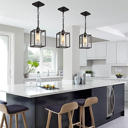 3 Pack Farmhouse Pendant Light,Black Metal Frame Hanging Light Fixture with Clear Glass Shade, Adjustable Chains Industrial Mini Pendant Lighting for Kitchen Island Entryway Porch Foyer - color: 3 Pendant light