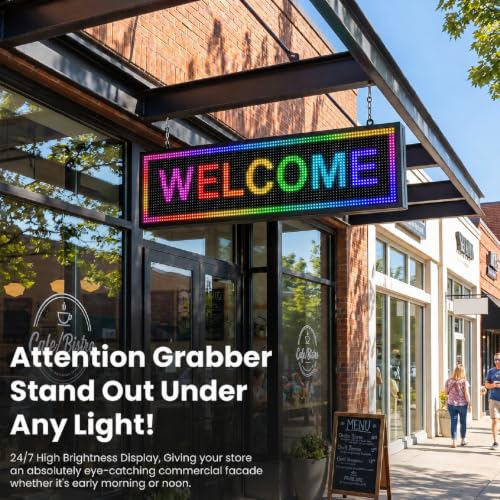P10 Programmable LED Sign 40" x 8", Compact Outdoor LED Sign for Business, Full Color RGB Scrolling Display with WiFi & USB Control, IP65 Waterproof Digital Advertising Sign for Store Window, Small Shop & Café - size: P10 40*8 INCH