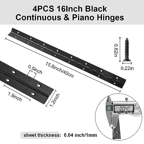 4 Pack 16 Inch Piano Hinge, Heavy Duty Continuous Hinge with Holes for Cabinets Boat Marine Door, 304 Stainless Steel 0.04" Leaf Thickness 1.2'' Open Width (Black) - size: 16 Inch