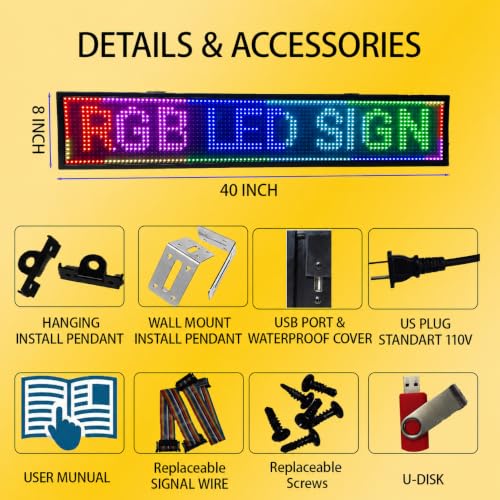 P10 Programmable LED SIGN 40"×8" Scrolling LED Display, High Brightness & IP65 Waterproof Indoor Outdoor Digital Signage led screen, Open Signs Welcome Sign for Store Business Advertising - size: P10 40*8 INCH