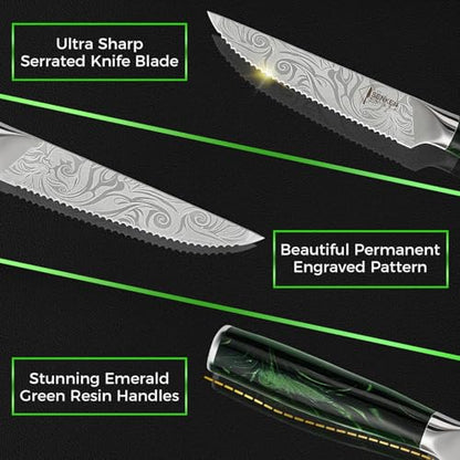 SENKEN Professional 6-Piece Steak Knife Set with Beautiful Engraved Pattern - Wasabi Collection - Razor Sharp Serrated High Carbon Steel & Emerald Green Resin Handle (6 Piece Steak Knife Set) - size: 6-Piece Steak Knife Set