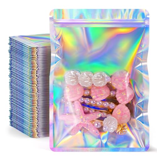 FUNFERY 300 Pack Round Corner Clear Window Holographic Bags Resealable Bags - color: Holographic-300P, size: 4x6 inch