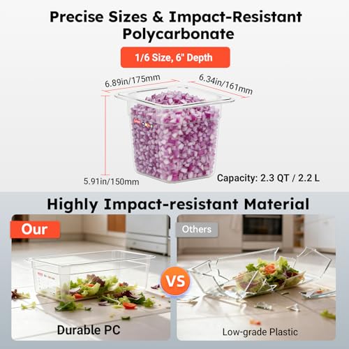 6-Pack 1/6 Size 6" Deep Polycarbonate Food Pans, NSF Commercial Clear Hotel Pan for Sauces, Condiments, Toppings & Small Prep, Food-Grade with Erasable Markers - color: 1/6 Size, size: 6" Deep