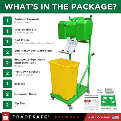TRADESAFE Portable Eye Wash Station OSHA Approved, 8 Gallon, Cart and Bin - style: With Cart & Bin