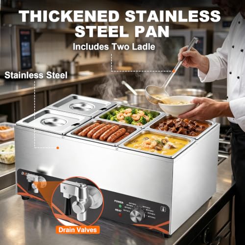 Commercial Food Warmer 6 Pan, 25QT Stainless Steel Bain Marie 1500W - size: 6 Pans
